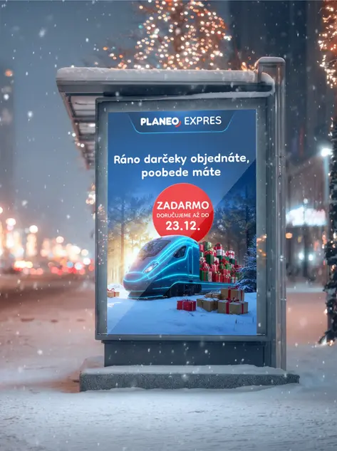 Grafický návrh a OOH reklama pre vianočnú kampaň PLANEO EXPRES – presvetlený citylight poster od reklamnej agentúry.