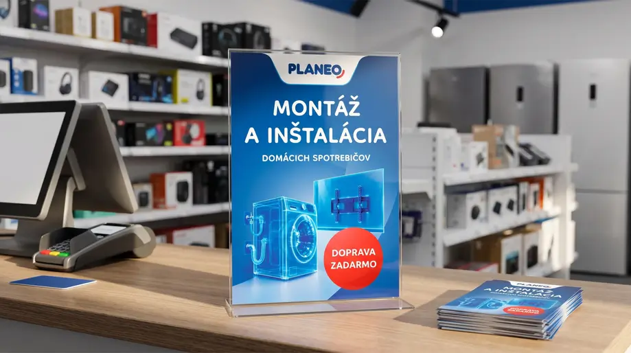 Akrylový stolový stojan a letáky PLANEO k službe Montáž a inštalácia domácich spotrebičov na pokladničnom pulte.