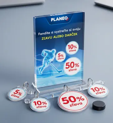 Návrh POS materiálov a reklamných predmetov pre PLANEO od reklamnej agentúry – akrylový stojanček a kľúčenky k ZOH.