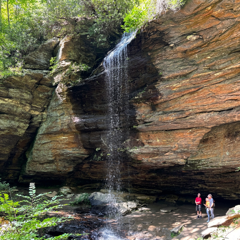 hikers standing behind waterfall pisgah national forest