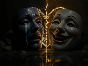 um chorando e outro sorrindo, como máscaras teatrais / Lovart