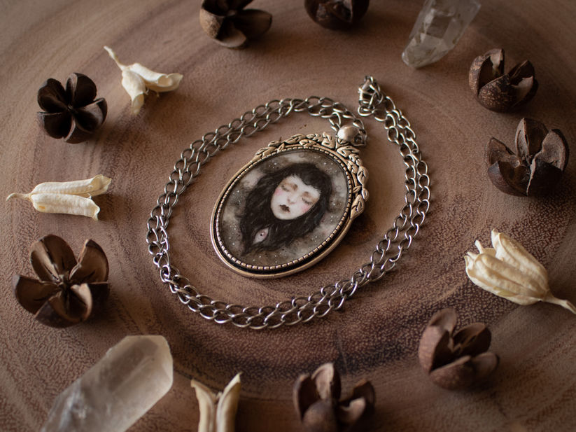 miniature portrait hand painted necklace by bea bastet