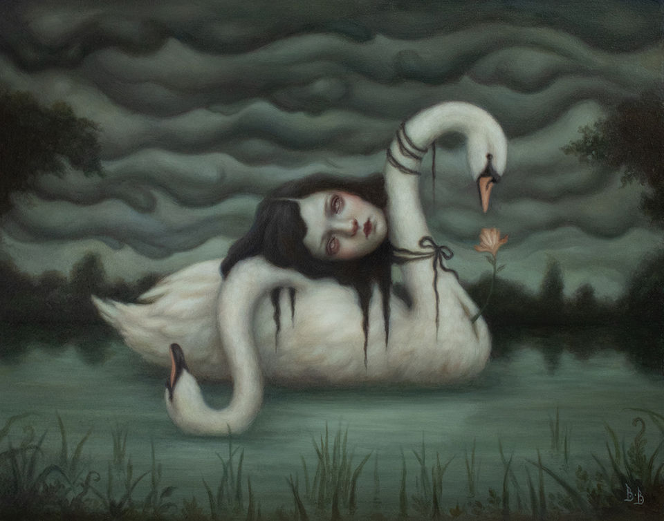 Dark surrealism. Surreal oil painting by Beatriz Bradaschii. Surrealist swan art.
