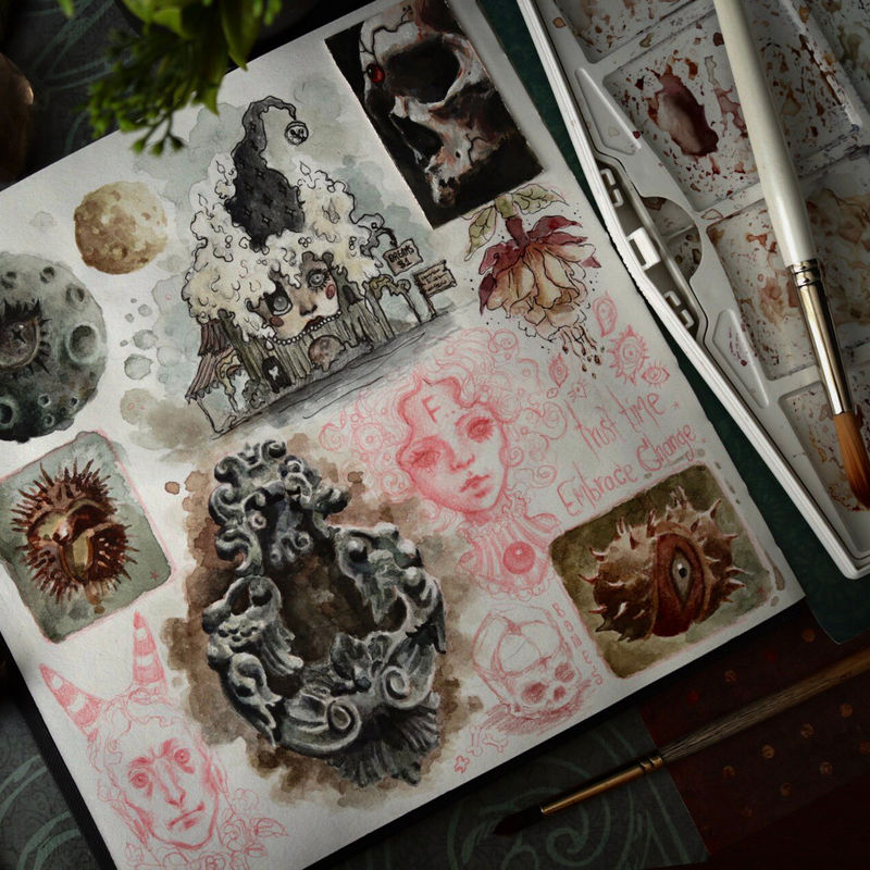 surreal mixed media drawings on sketchbook by bea bastet