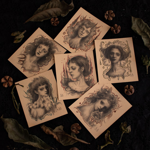 Miniature graphite drawings on toned paper. Surreal mini portraits art. Pencil drawings