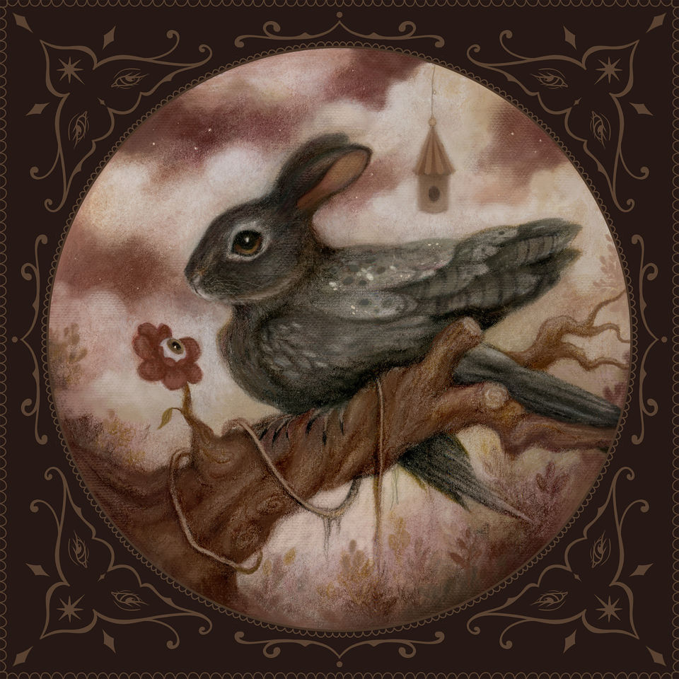 bird bunny hybrid, flower with tree and clouds mixed media drawing colored pencils and digital surreal artwork by bea bastet