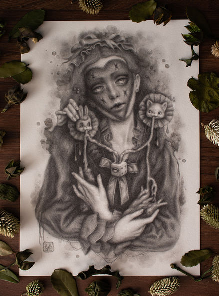 Surreal graphite drawing, surrealism portrait artwork by beatriz bradaschii. contemporary surreal art by bea bastet. wowxwow art. powdered graphite. water soluble graphite