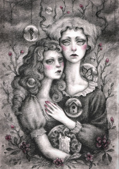two girls with butterfly, flowers and candle graphite drawing by bea bastet, surreal drawing, bubbles, surreal art by bea bastet