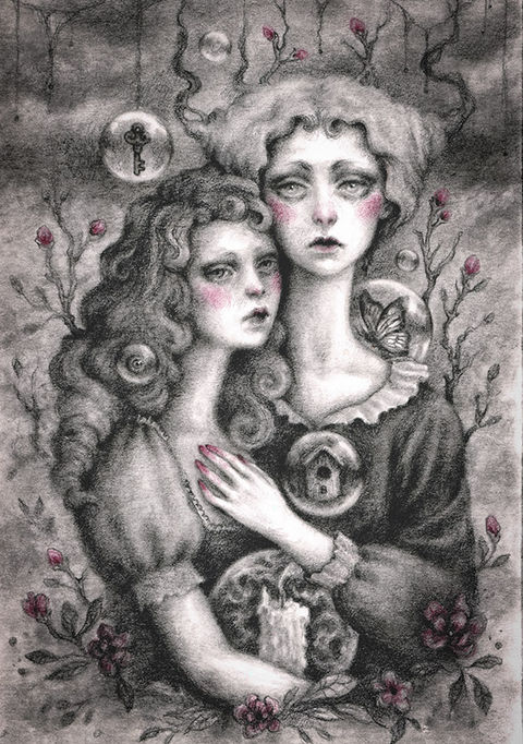 two girls with butterfly, flowers and candle graphite drawing by bea bastet, surreal drawing, bubbles, surreal art by bea bastet