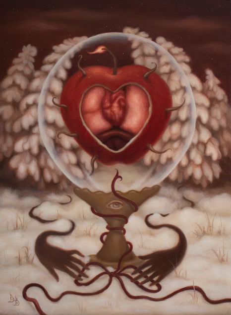 Organs inside a red apple. Contained in a glass sphere. Guarded by two hands. Snowy landscape with trees. Pop surrealism oil painting by Beatriz Bradaschii.