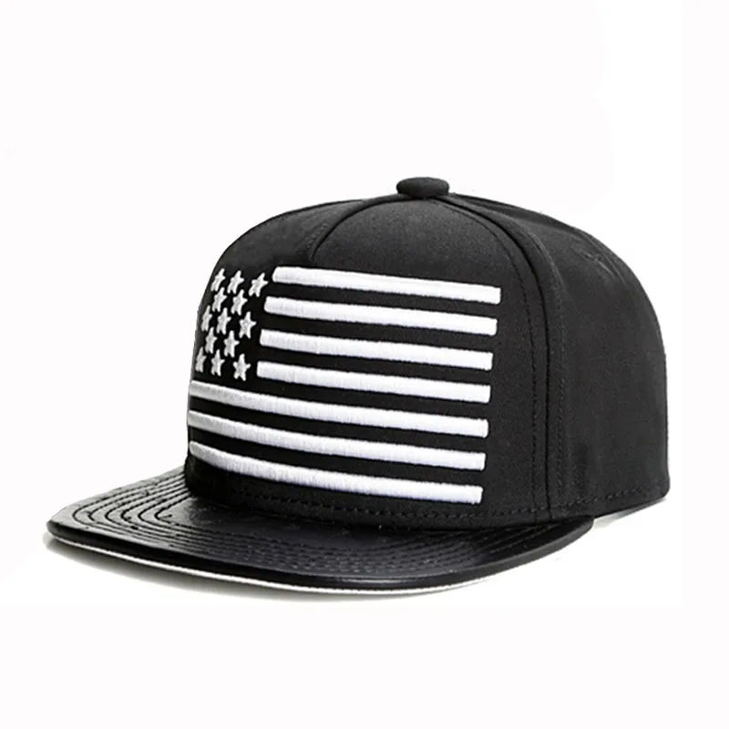 emboided usa flag black snapback hat with leather brim