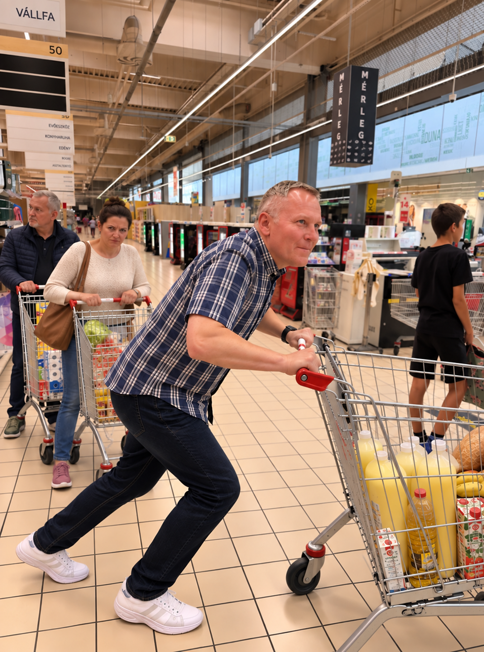 Brit férfi játékosan rajtpozícióban áll egy bevásárlókocsival egy magyarországi Auchan áruházban, mintha versenyre készülne az újonnan nyíló pénztárhoz.