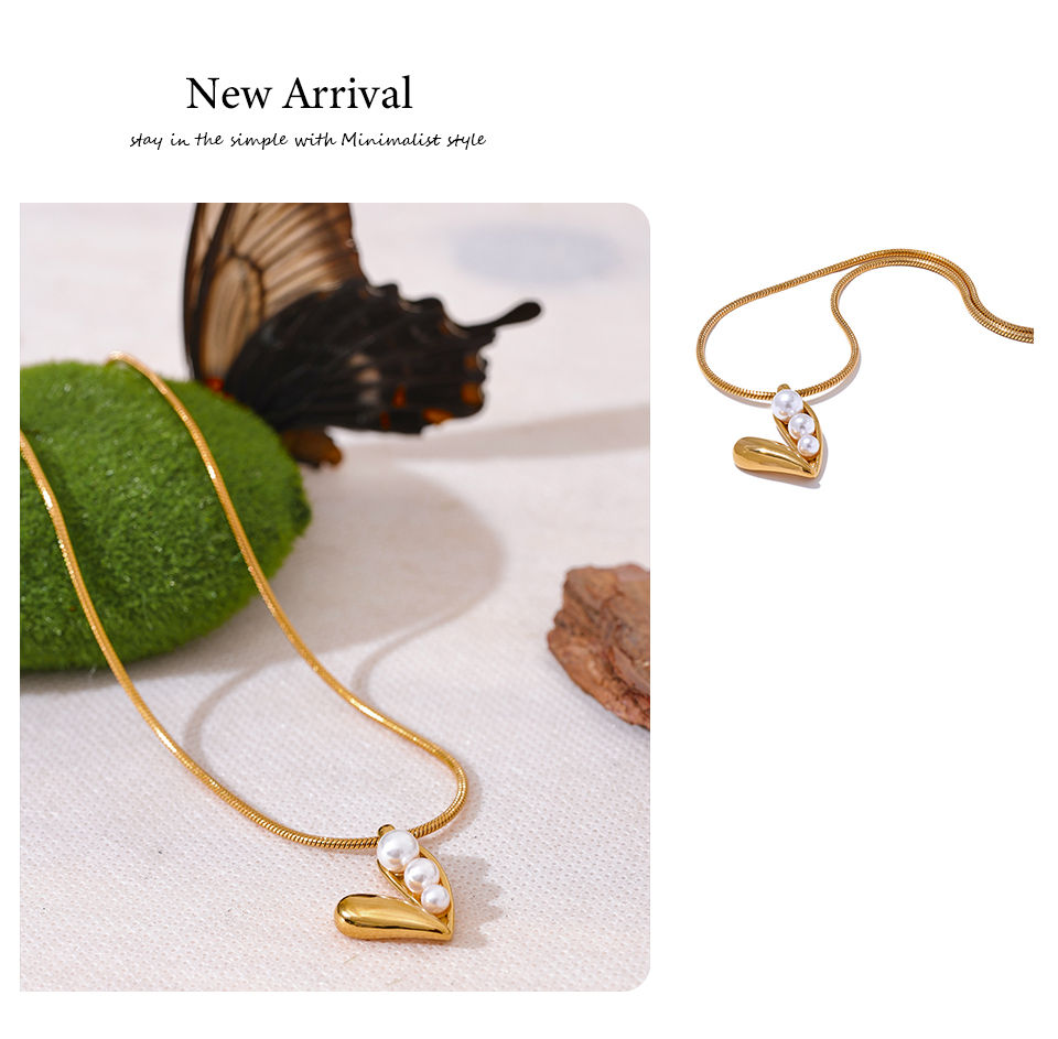 Thumbnail: Trendy Stainless Steel Imitation Pearls Heart Love Pendant Necklace Water