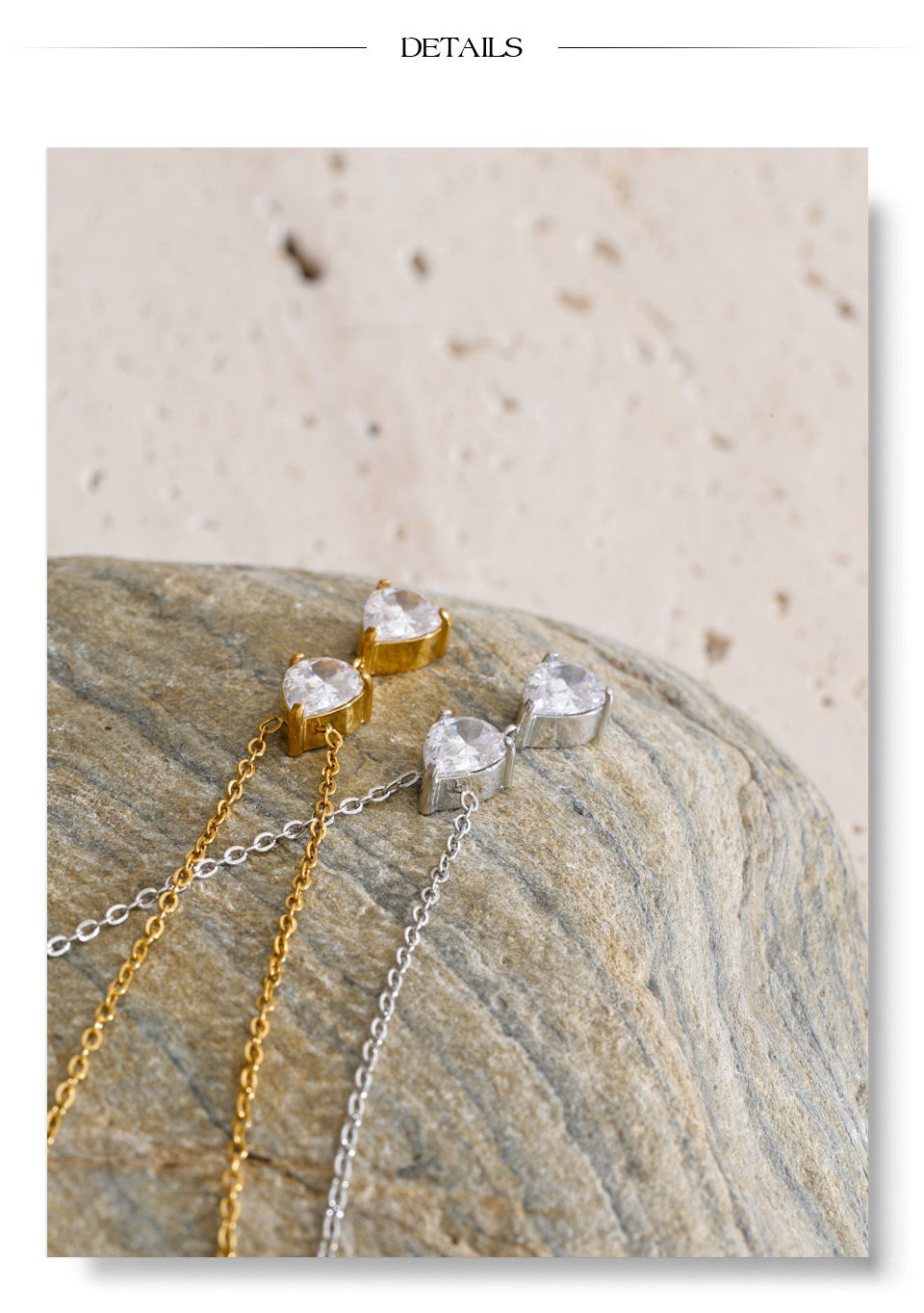 Thumbnail: Stainless Steel Cubic Zirconia Teardrop Drop Pendant Necklace 16K Gold Col
