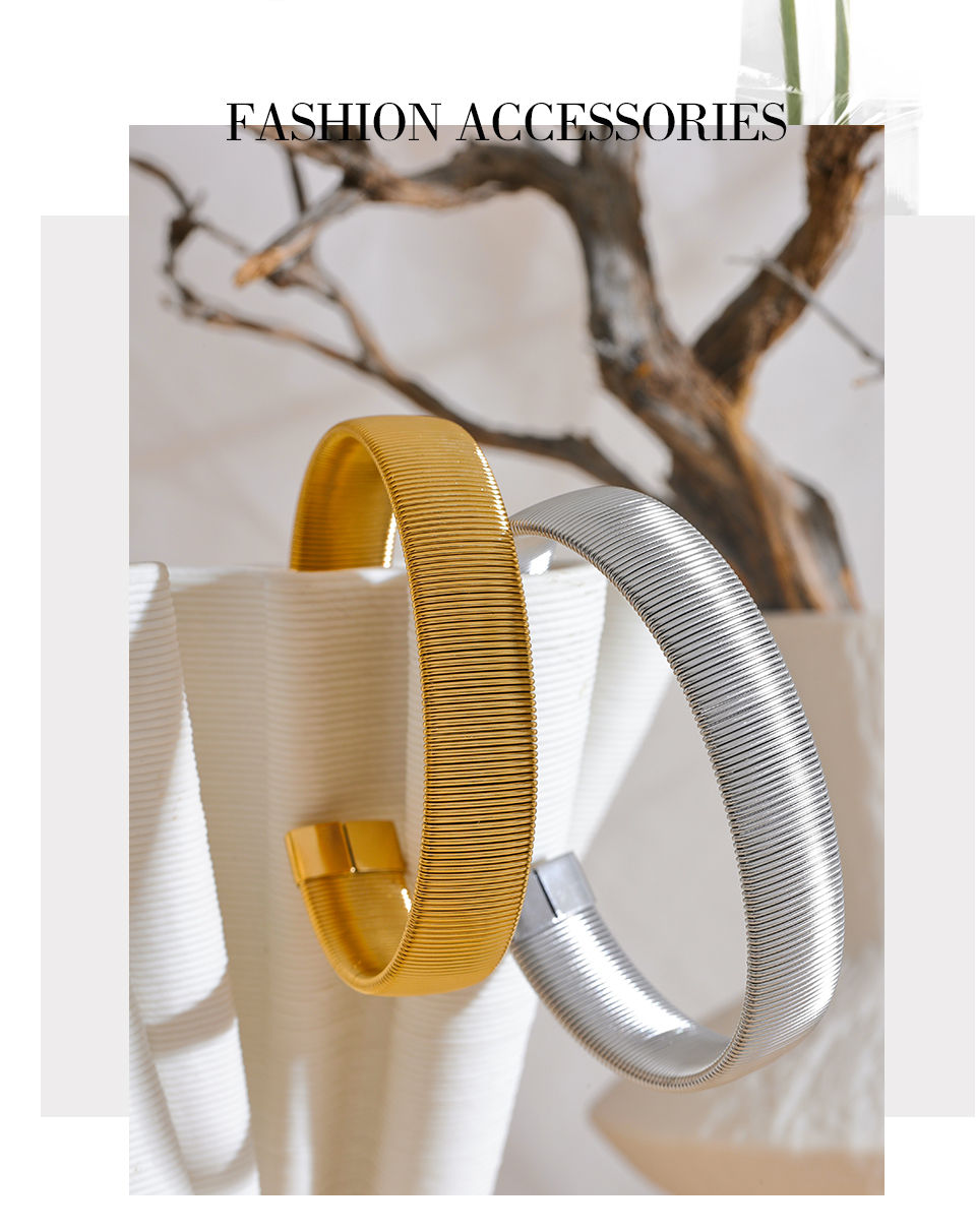 Thumbnail: Wide Waterproof Stainless Steel Metal Texture Open Cuff Bracelet Bang