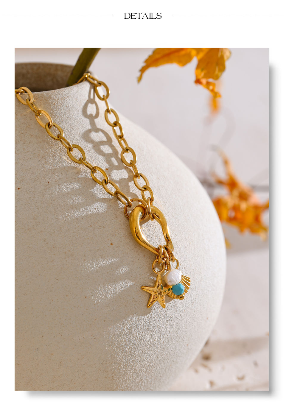 Thumbnail: Ocean Style Golden Stainless Steel Chain Bracelet Bangle Drop Pearl Turquo