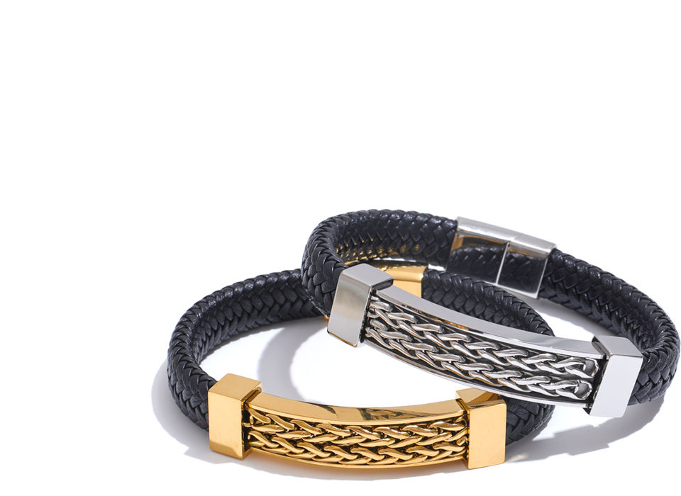 Thumbnail: Personalized Stainless Steel Leather Metal Chain Wide Bracelet Bangle