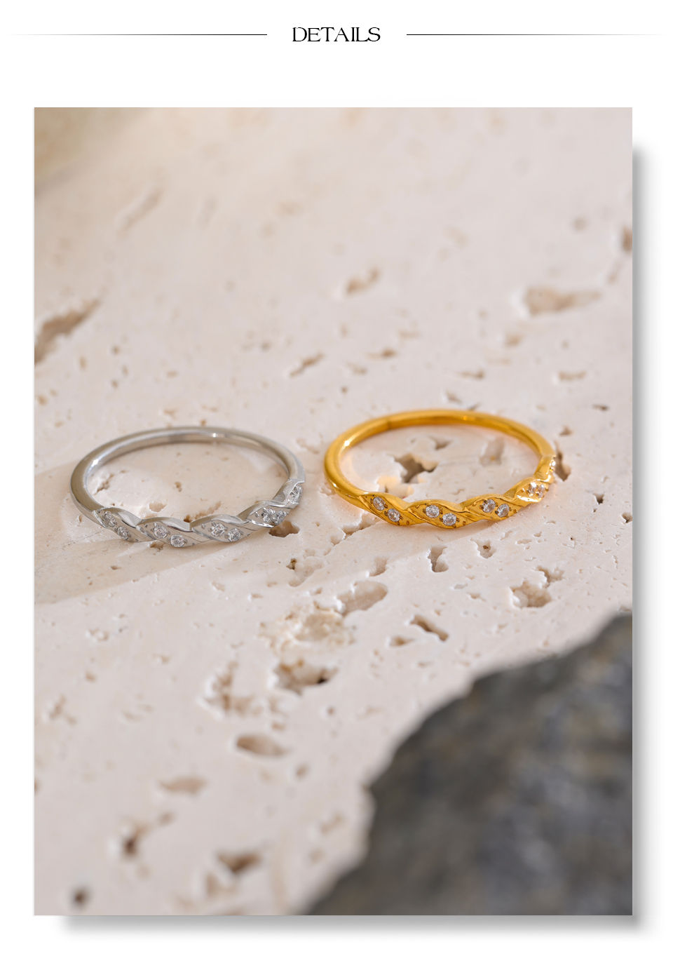 Thumbnail: Arrivals Stainless Steel Zirconia Wave Shape Thin Finger Ring 18K PVD Plat