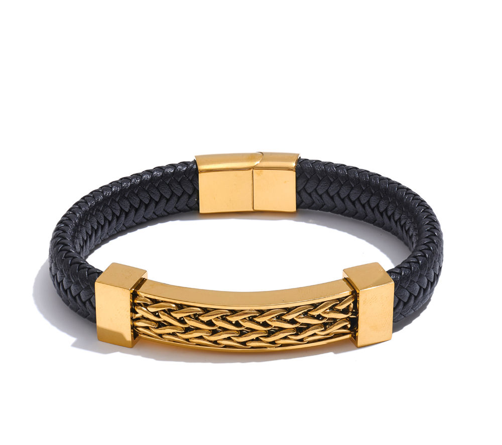 Personalized Stainless Steel Leather Metal Chain Wide Bracelet Bangle