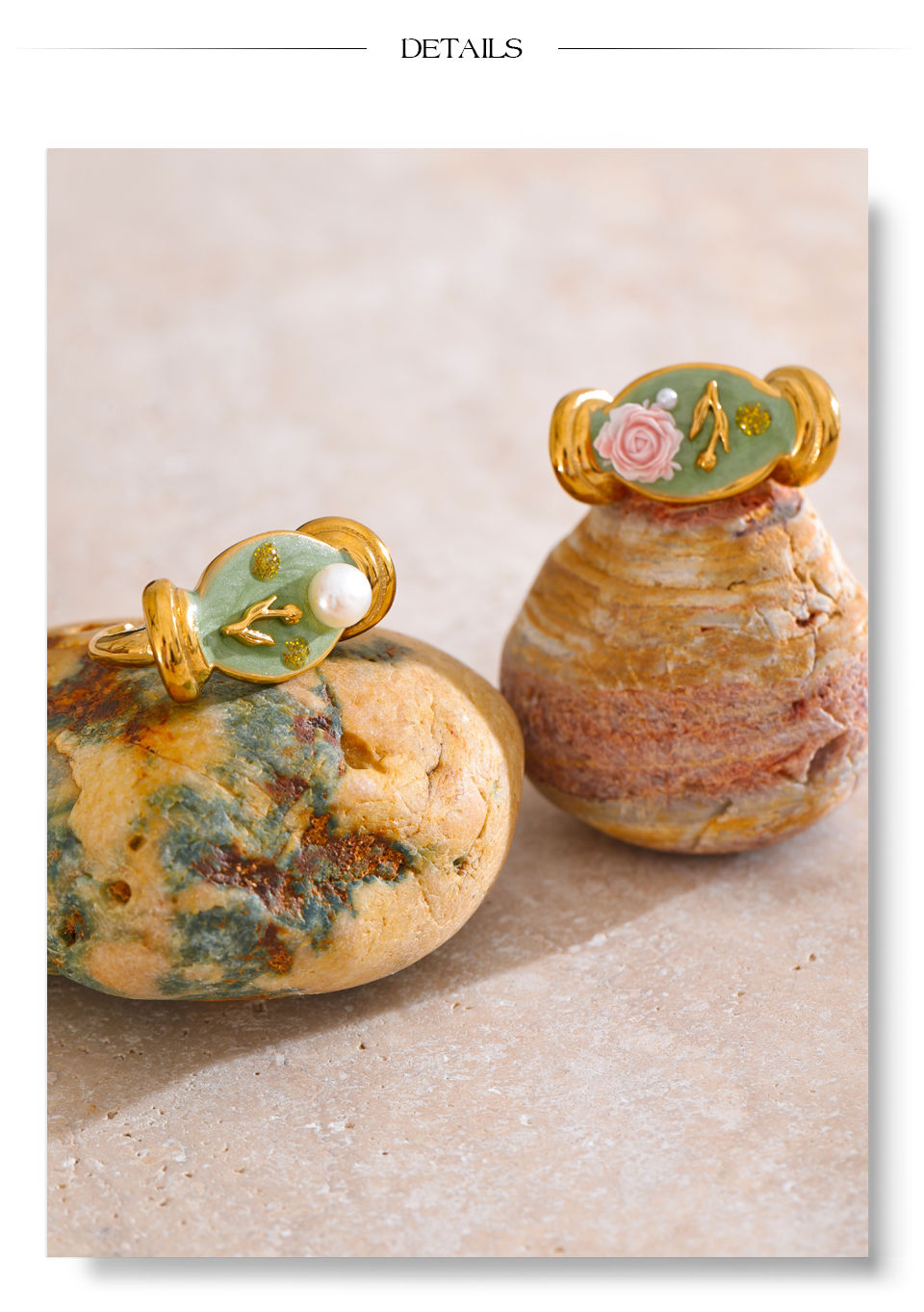 Thumbnail: Sweet Fairy Green Enamel Pearl Flower Cast Ring High Quality 18K Golden PV