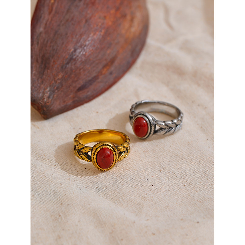 Thumbnail: Retro Stainless Steel Red Gold Color Smearing Black Natural Stone Ring 18K