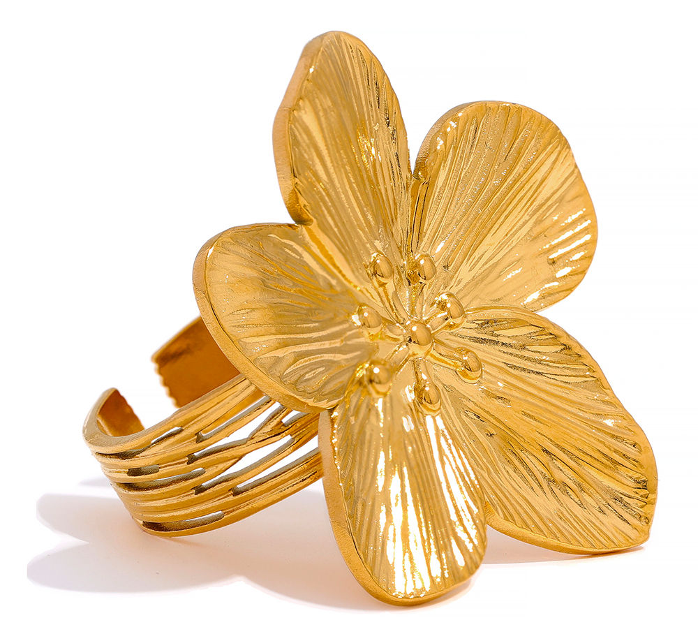 Waterproof 18K Gold Color Stainless Steel Flower Big Open Ring for Women T