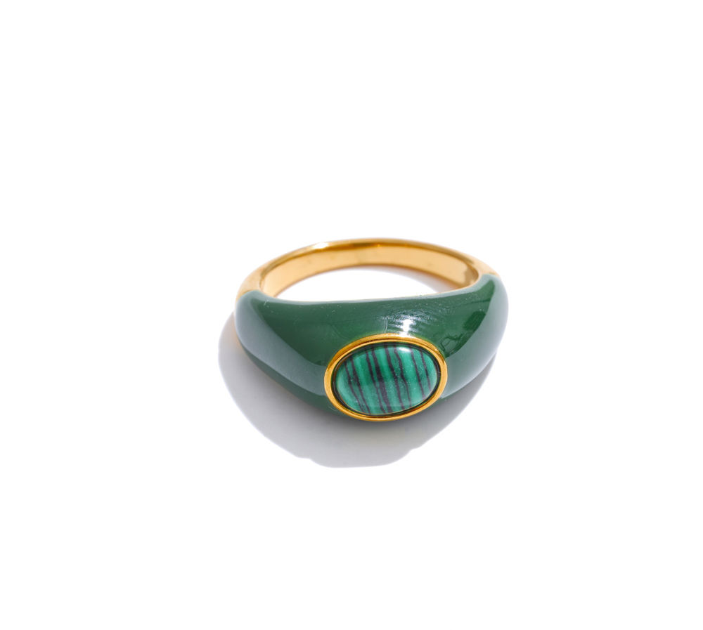 White Green Enamel Natural Malachite Shell Fashion Ring 316L Sta