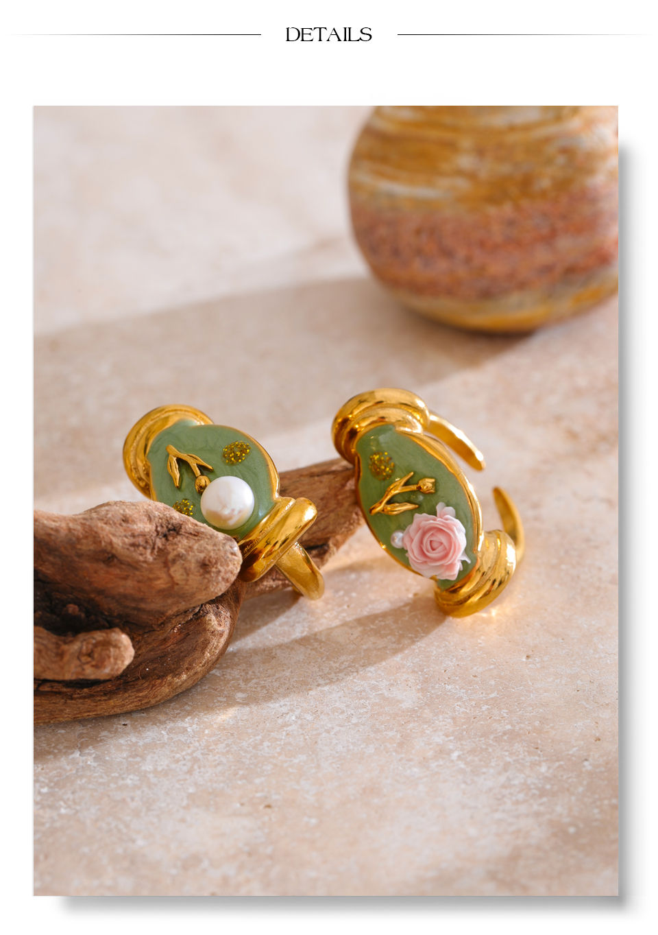 Thumbnail: Sweet Fairy Green Enamel Pearl Flower Cast Ring High Quality 18K Golden PV