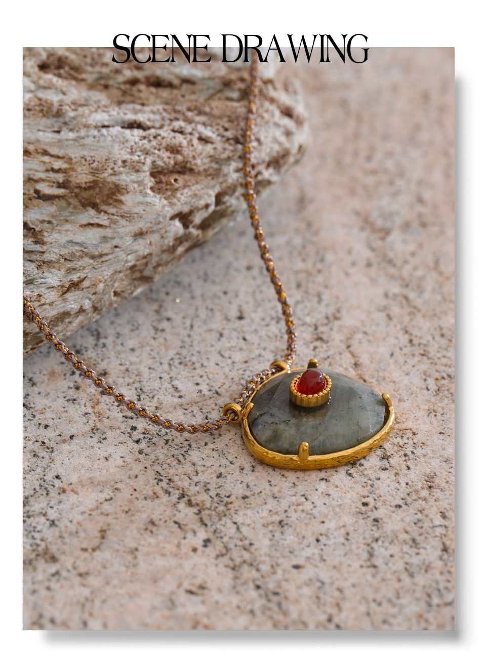 Thumbnail: Natural Spectrolite Agate Stone Oval Pendant Necklace for Women Golden Sta