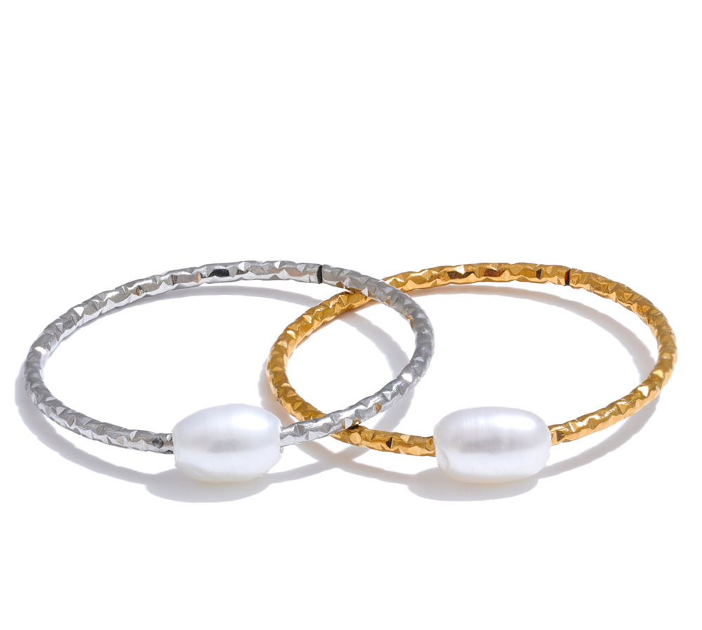 Trendy Stainless Steel Natural Pearl Thin Finger Ring for Women Summer Ver