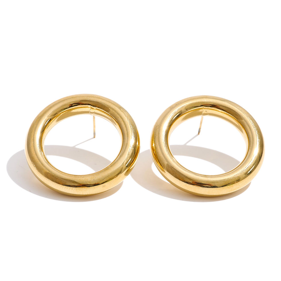 Thumbnail: High Quality Stainless Steel Hollow Round Chunky Stud Earrings for