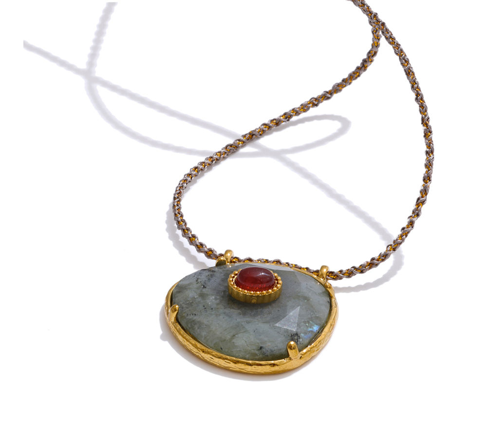 Natural Spectrolite Agate Stone Oval Pendant Necklace for Women Golden Sta