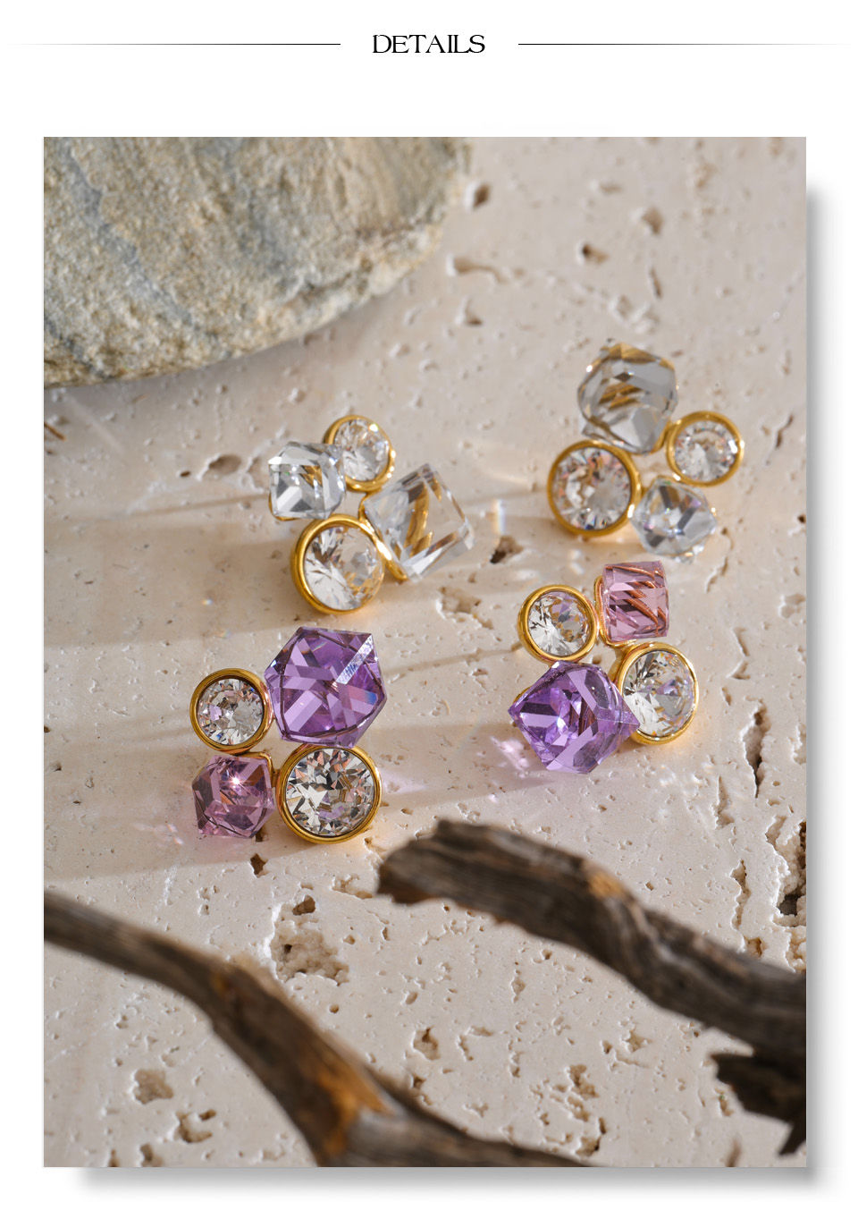 Thumbnail: Purple White Color K9 Crystal Geometric Stud Earrings Stainless Steel Shin