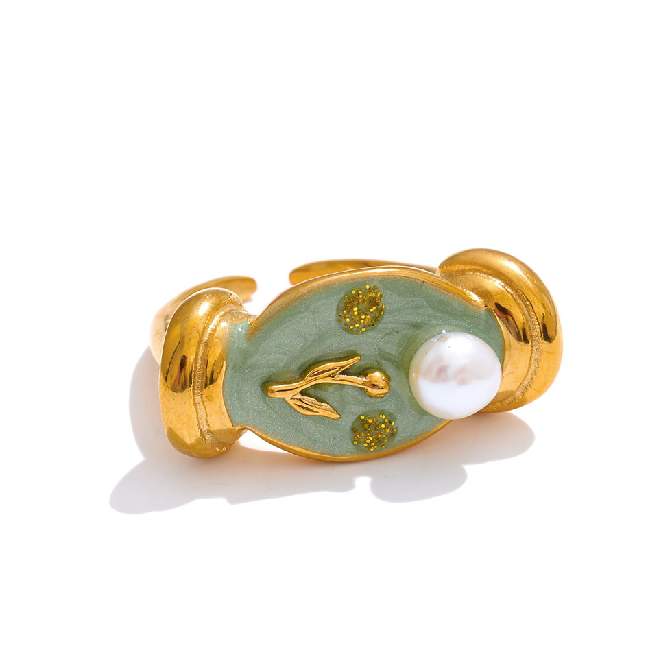 Thumbnail: Sweet Fairy Green Enamel Pearl Flower Cast Ring High Quality 18K Golden PV