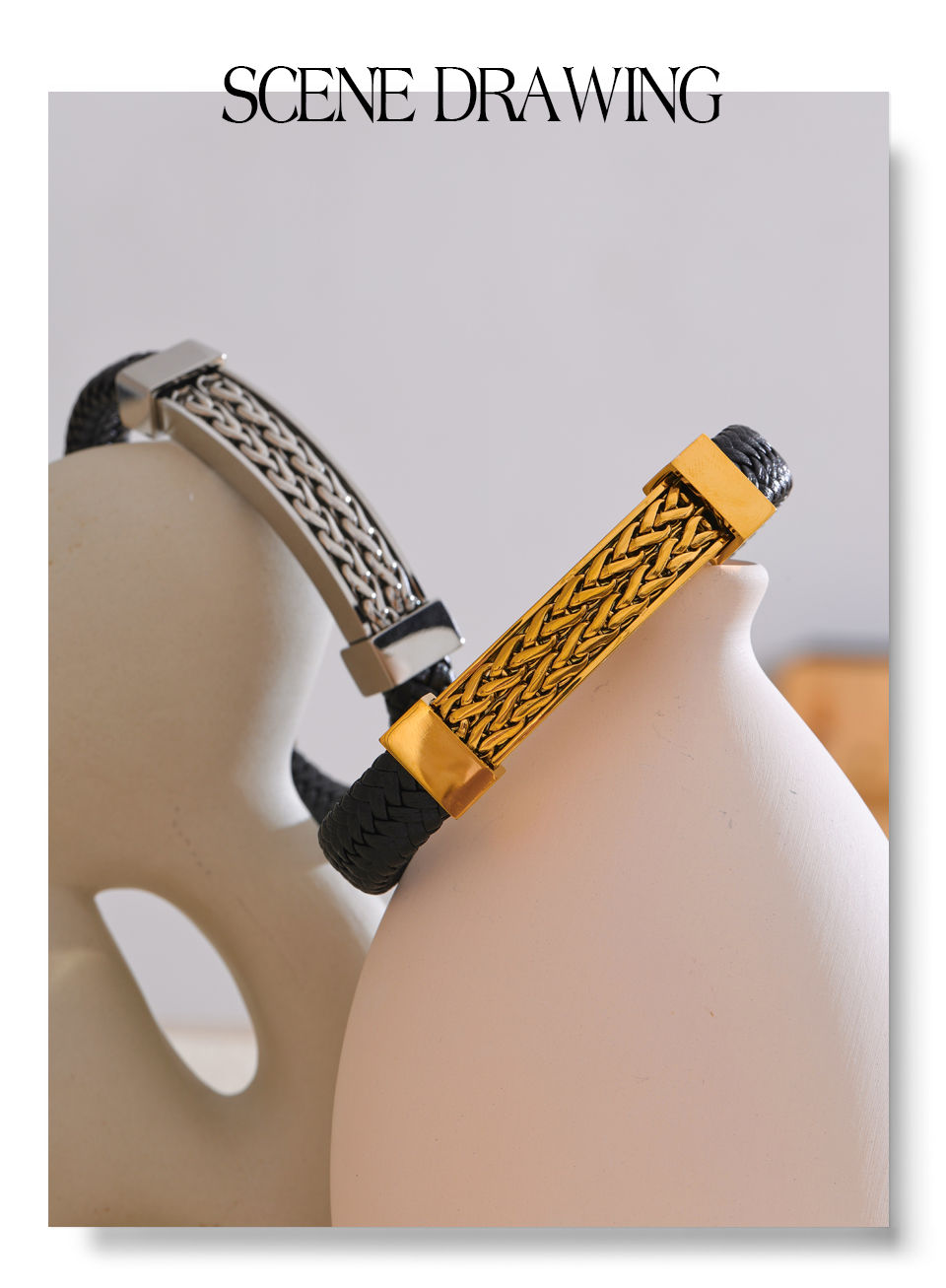 Thumbnail: Personalized Stainless Steel Leather Metal Chain Wide Bracelet Bangle