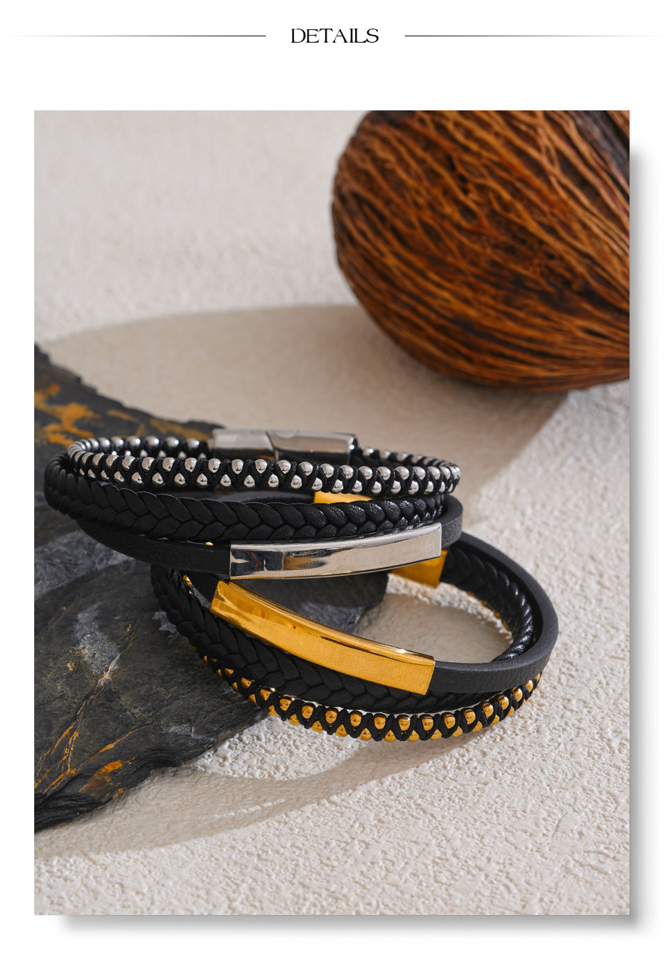 Thumbnail: Statement Black Leather Braided Double Layer Retro Bracelet Bangle fo