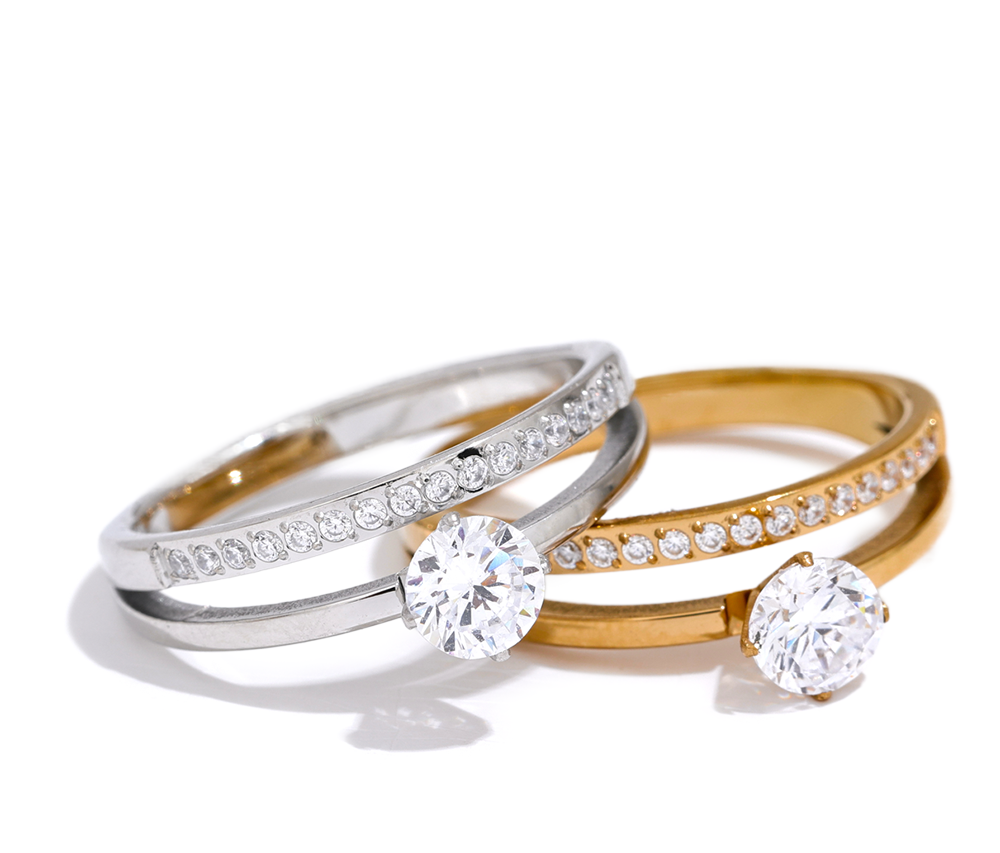 Delicate Shiny Cubic Zirconia Stainless Steel Double Layer Classic Ring Hi