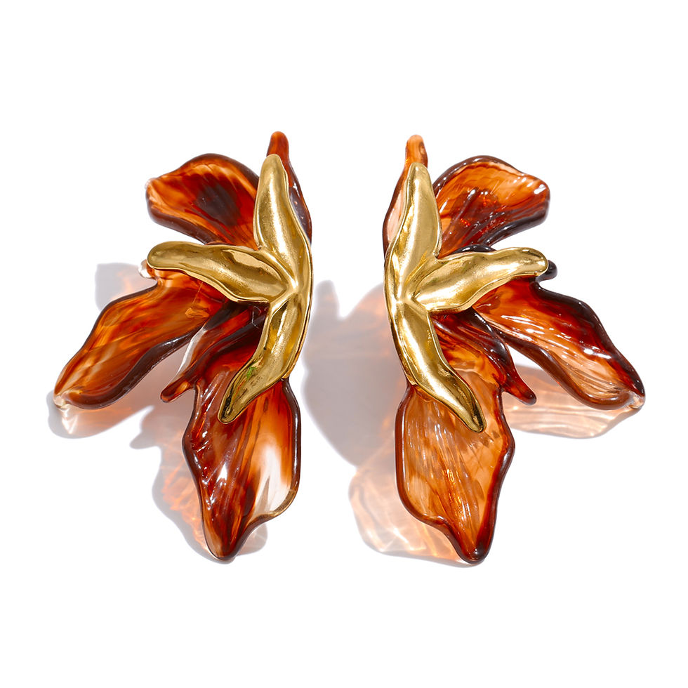 Thumbnail: Amber Pink Green Color Acrylic Resin Flower Stud Earrings 18K Gold Color S