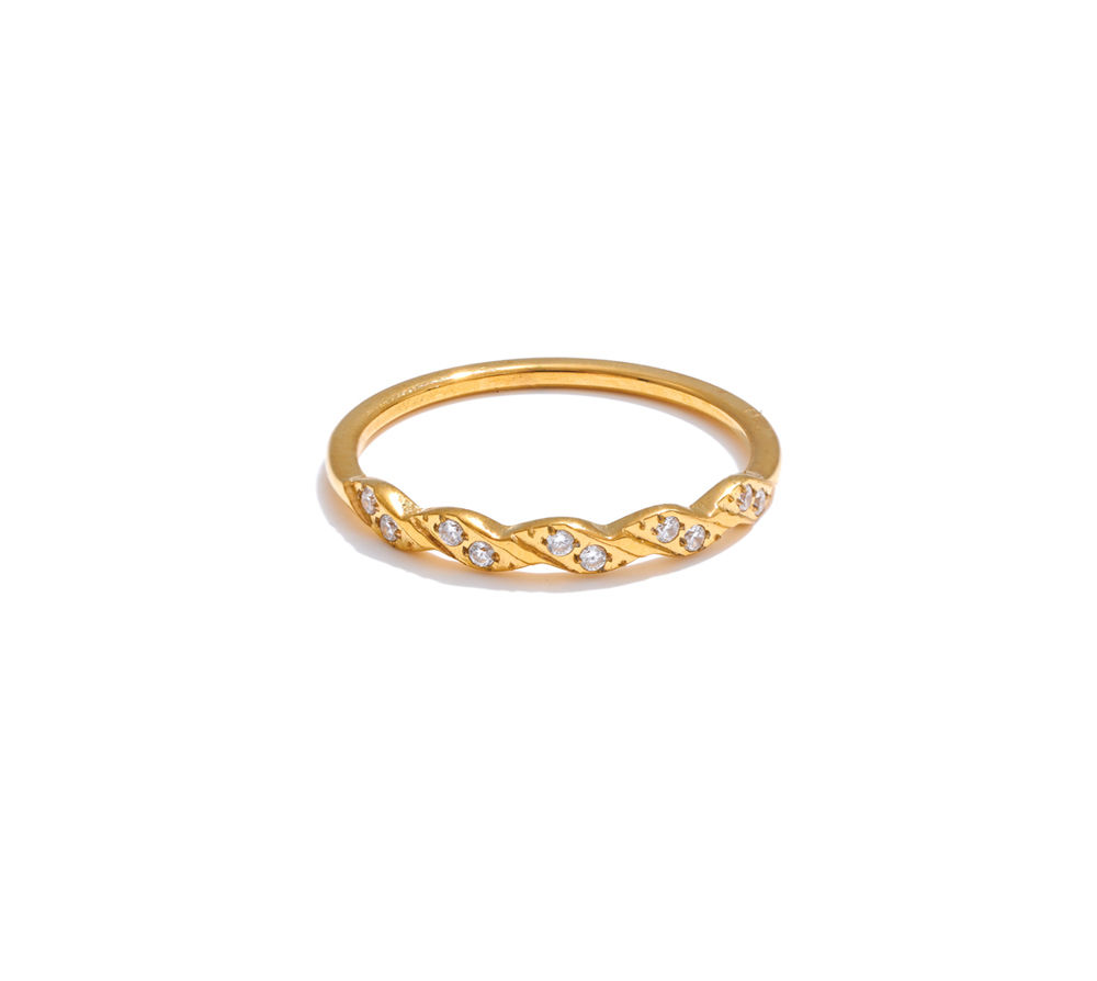 Arrivals Stainless Steel Zirconia Wave Shape Thin Finger Ring 18K PVD Plat