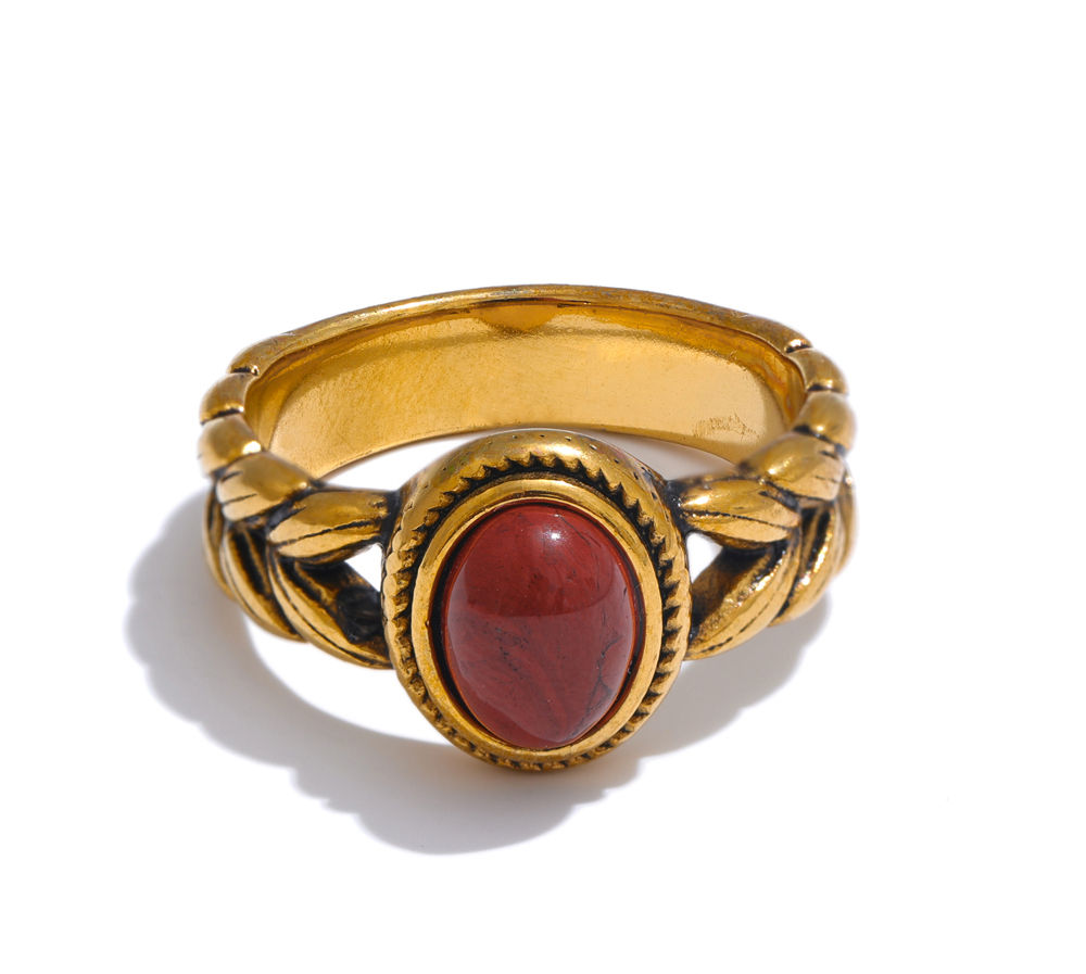 Retro Stainless Steel Red Gold Color Smearing Black Natural Stone Ring 18K