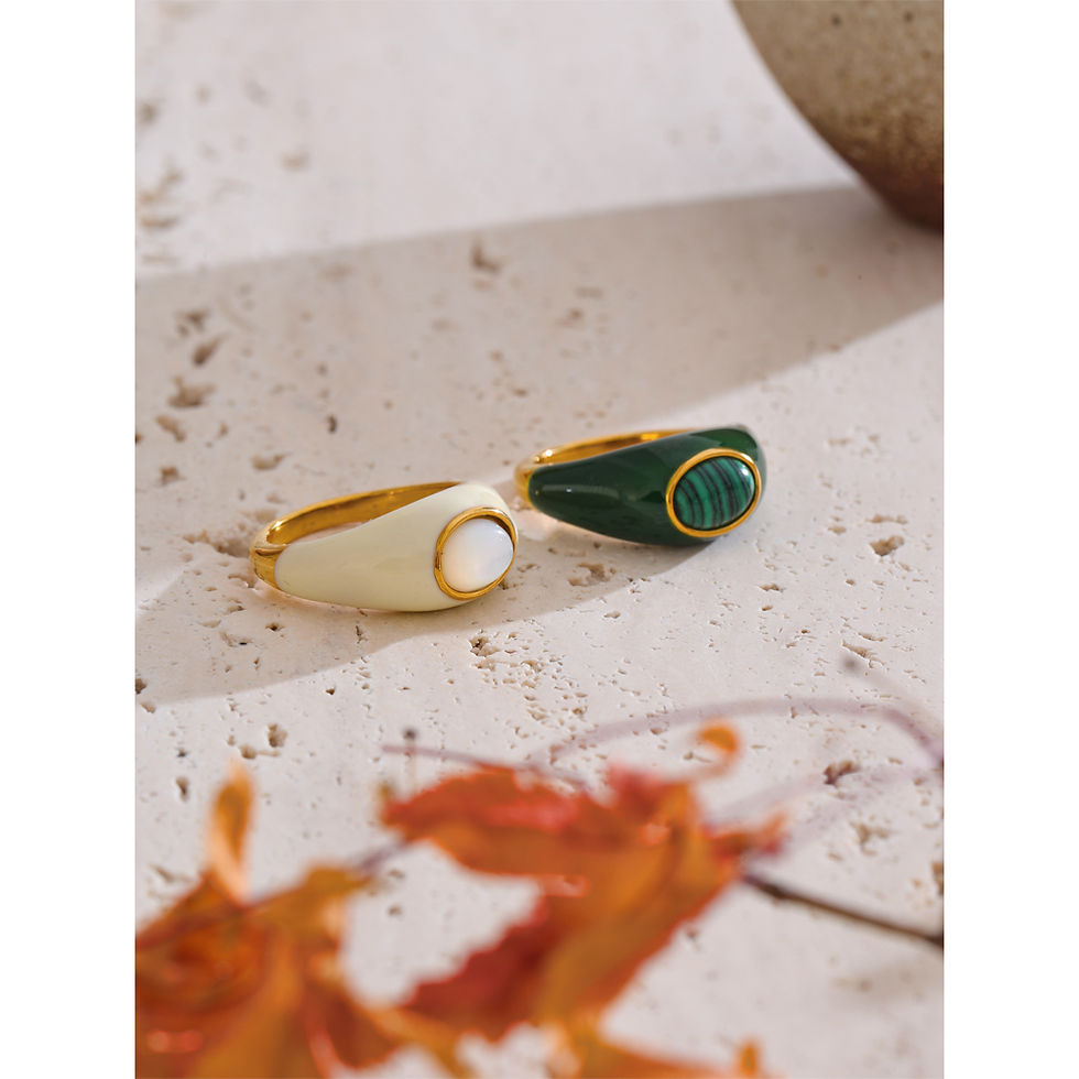 Thumbnail: White Green Enamel Natural Malachite Shell Fashion Ring 316L Sta