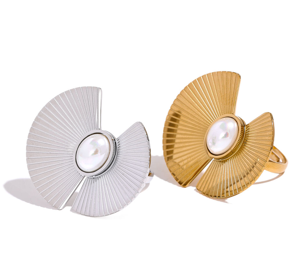 Fashion Stainless Steel Fan Flowers Imitation Pearls Ring for Women Hyperb