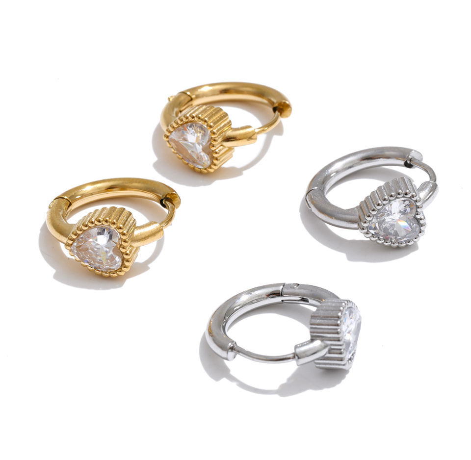 Thumbnail: Stainless Steel Cubic Zirconia Heart Hoop Earrings for Women High Quality