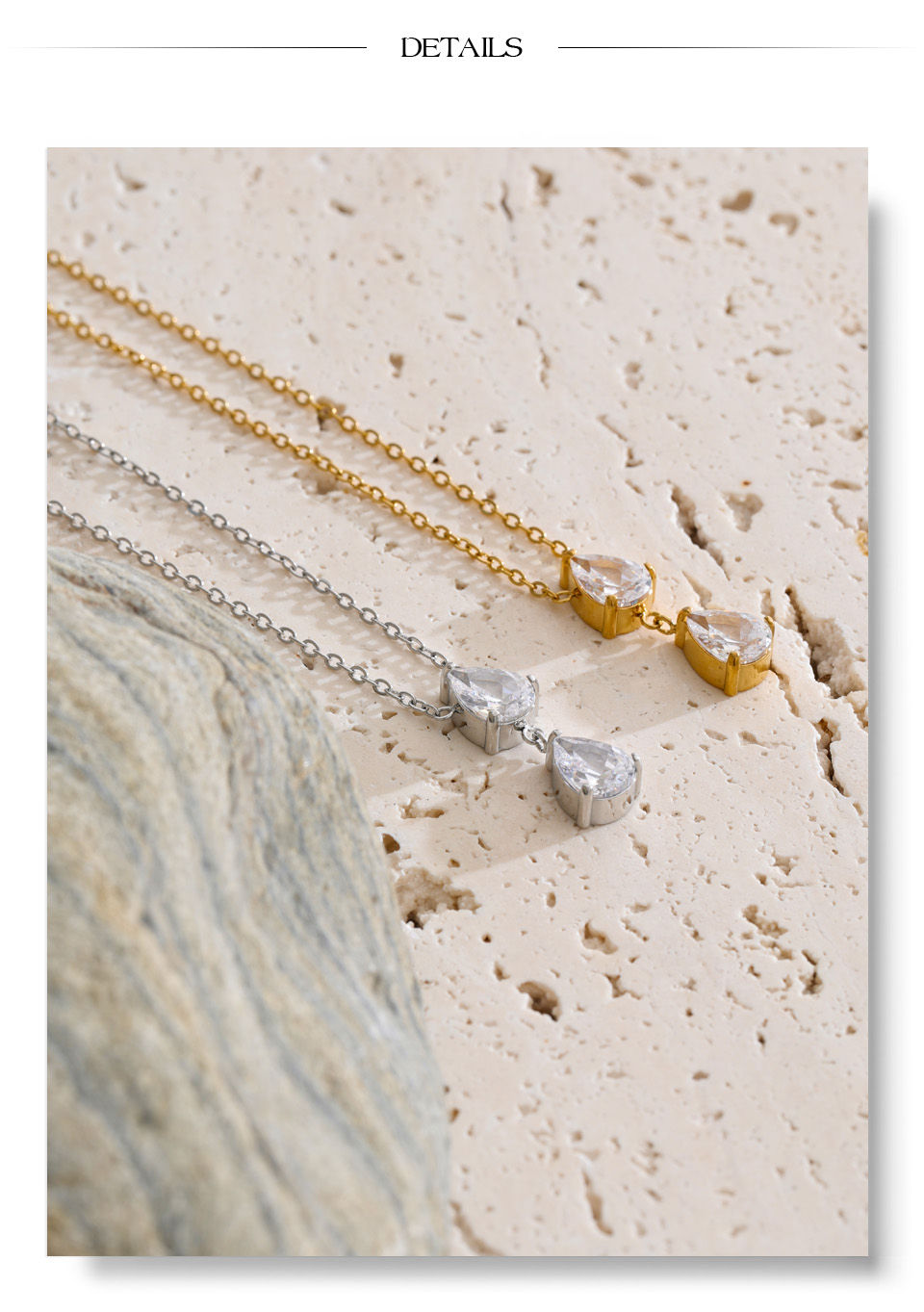 Thumbnail: Stainless Steel Cubic Zirconia Teardrop Drop Pendant Necklace 16K Gold Col