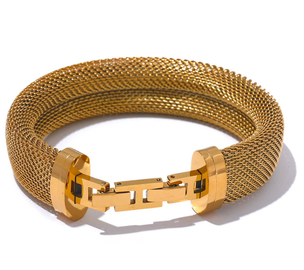 Stainless Steel Metal Texture Statement Wide Bracelet Bangle 18K PVD