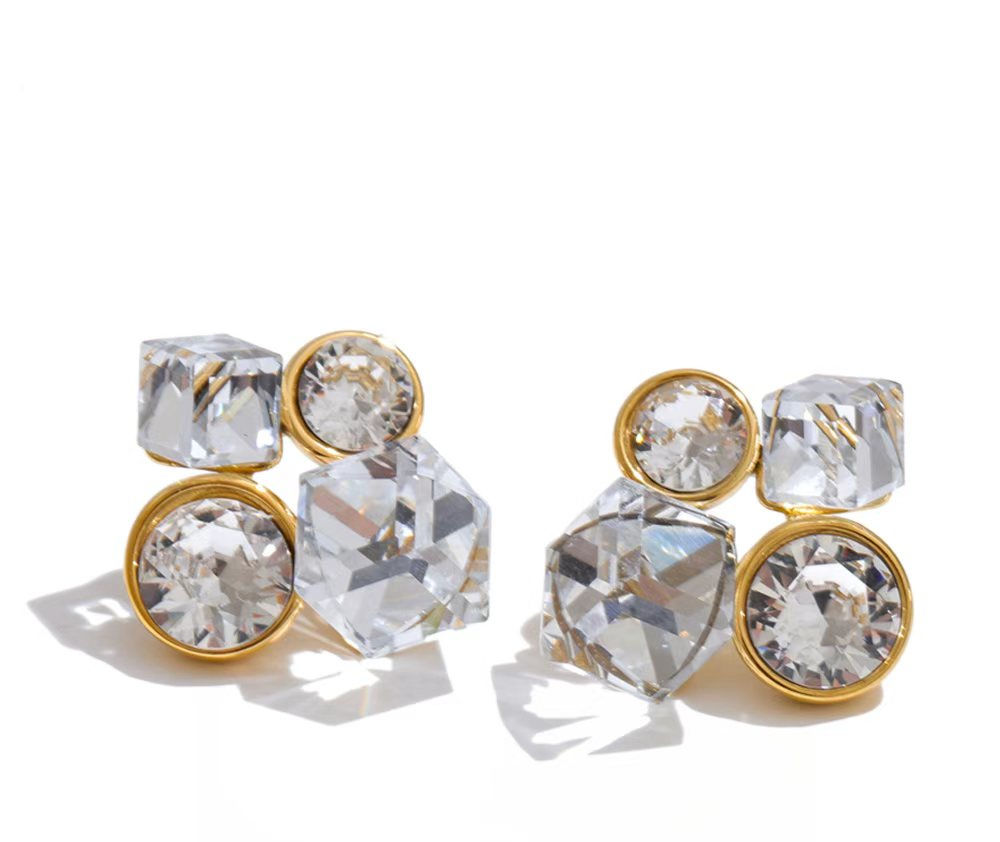 Purple White Color K9 Crystal Geometric Stud Earrings Stainless Steel Shin