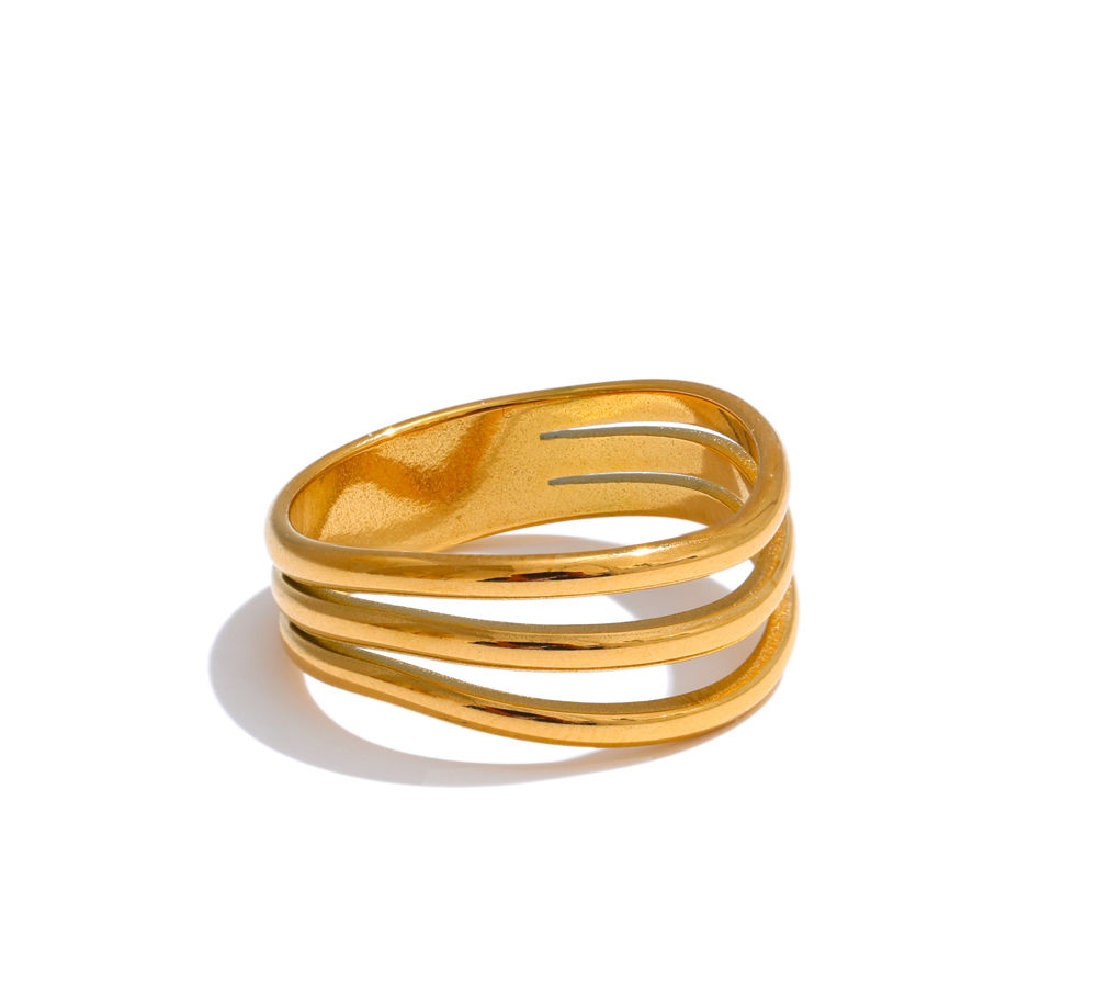 Distinctive Stainless Steel Metal Geometric Layered Hollow Golden Rin