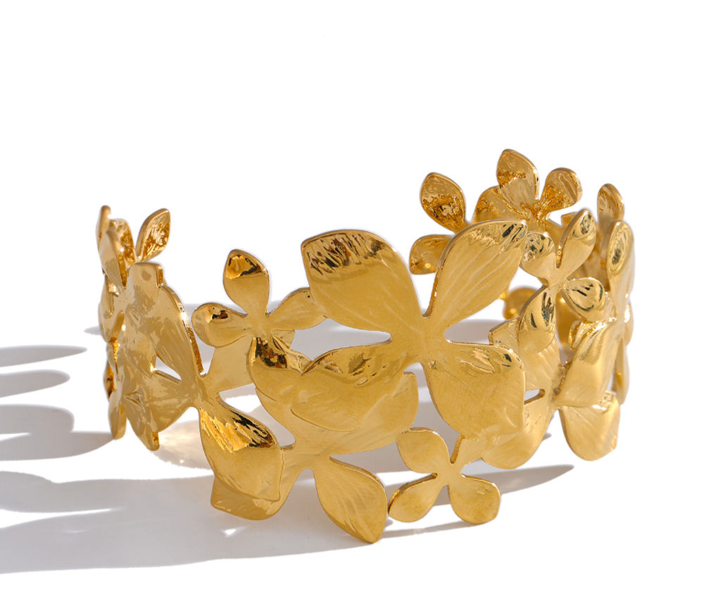 Trending Style Metal Flower Hollow Cuff Daily Bracelet Bangle Gold Color S