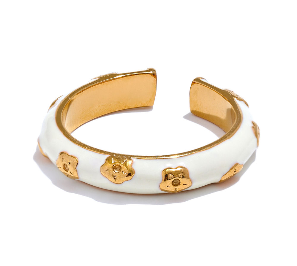 Fashion White Enamel Stainless Steel Exquisite Open Ring Women 18K Gold PV