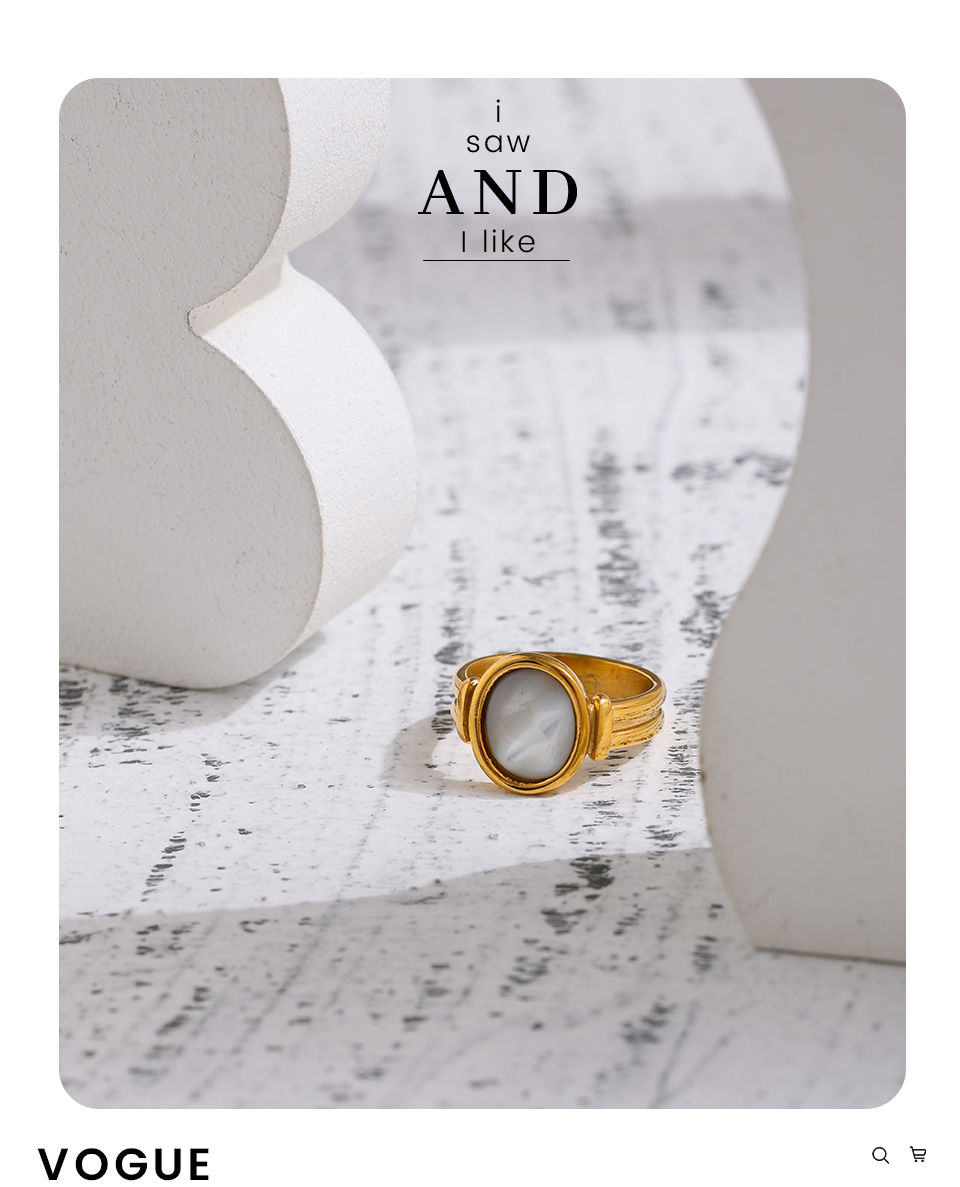 Thumbnail: Stainless Steel Natural Shell Ring New France Metal Gold Color Round Finge